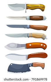 Set of knives on white background. Vector illustration of a cartoon style hunting knives