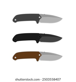 Set of knives in three colors illustration. Tourist camping knife ,knife camping set cartoon. equipment camp, tent outdoor, hiking summer knife camping sign. isolated symbol vector illustration.