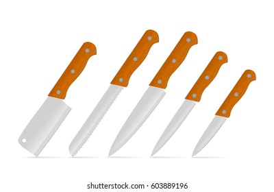 Set of knives with wooden handle. Vector illustration.