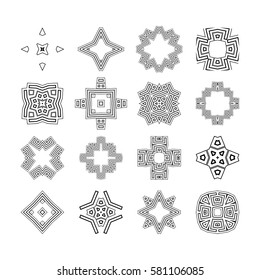 Set of knot symbols, geometric design decorative elements, patterned circles. Dark and white, vector illustration.