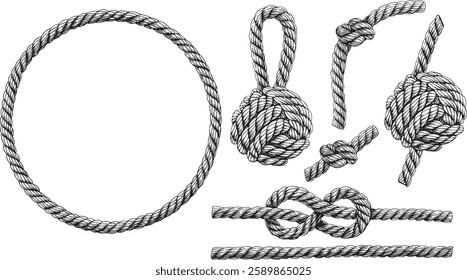 Set of knotted ropes cords monkey fist knot, eight knots. Nautical thread whipcord with loops and noose. Rope cord Twisted Round frame. Illustration hand drawn graphic isolated background vector.