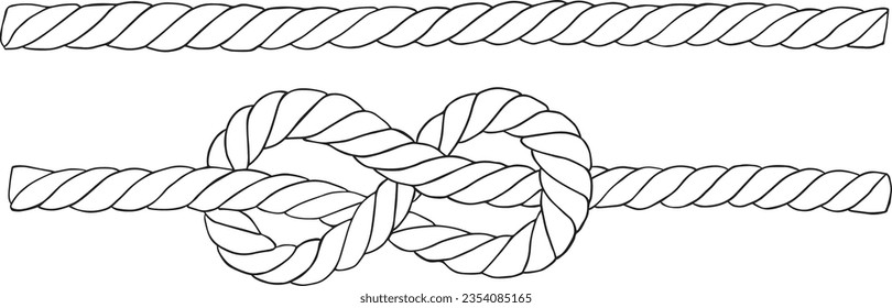 Set of knotted ropes realistic cords eight knots in vector. Nautical thread whipcord with loops and noose. Twisted, braided, folded, spiral fiber. Illustration hand drawn graphic in black on white.