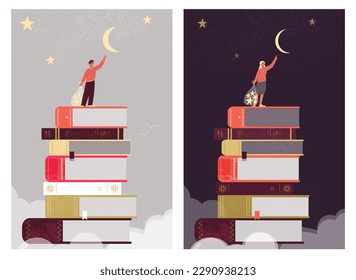 Set of knowledge with books. Woman and man in space reach for stars. Education helps achieve success and goals. Motivation for learning new things. Cartoon flat vector collection illustrations