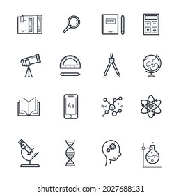 Set von Symbolen für Wissen und Bildung. Kollektion von Umrisssymbolen, die vollständig editierbar sind, Vektorgrafik-Symbole für Studien, Lernen und Bildung.