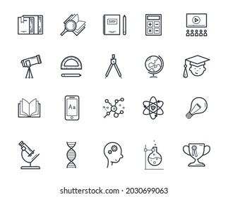 Set of knowledge and education icons. Collection of outline style vector symbols of study, learning and educating.