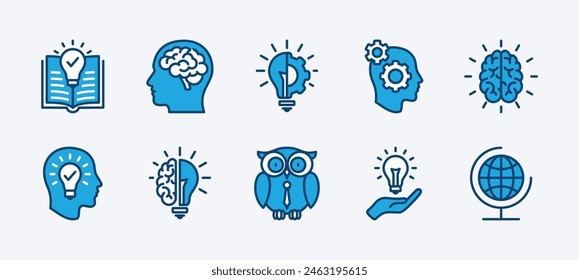 Conjunto de iconos de conocimiento. Contiene libro, mente, pensamiento, cognición, cerebro, bombilla, educación, globo, búho, creatividad, idea, imaginación, inteligencia, inteligente, genio. Ilustración vectorial