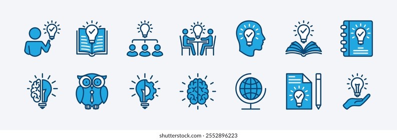 Set of knowledge icon vector. Containing cognition, inspiration, creative, idea, brain, brainstorm, light bulb, clever, innovation, intelligence, globe, education, creativity, thinking, smart, book