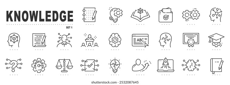 Conjunto de ícones de linha relacionados ao conhecimento. Educação, cérebro, memória, aprendizagem etc. Traçado editável.