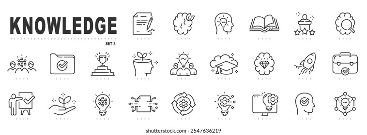 Set of knowledge related line icons. Education, brain, memory, learning etc. Editable stroke. Set 3