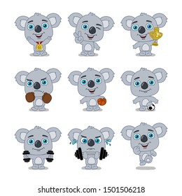Set of koala bear athlete in different sports and with prizes isolated on white background