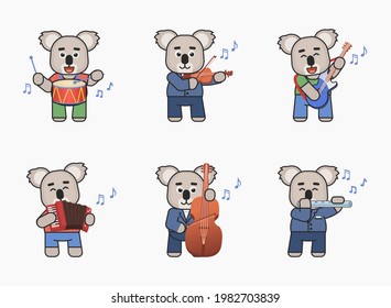Set of koala bear characters playing on various musical instruments. Cute koala playing on drum, violin, guitar, accordion, flute, double bass. Vector illustration bundle