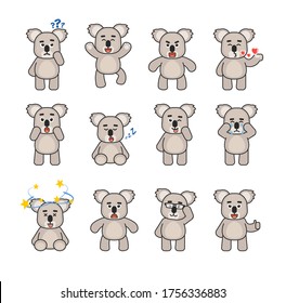 Set of koala bear characters showing various emotions. Cute koala thinking, jumping, sleeping, surprised, dazed, crying and showing other emotions. Vector illustration bundle