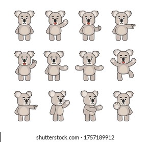 Set of koala bear characters showing various hand gestures. Cute koala pointing, greeting, showint stop hand and other gestures. Vector illustration bundle