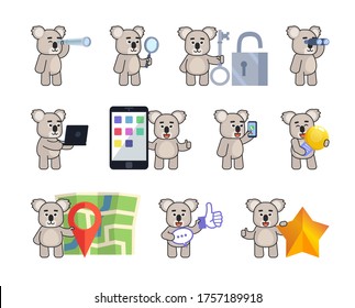 Set of koala bear characters in various situations. Cute koala holding spyglass, magnifier, big key, idea, talking on phone and showing other actions. Vector illustration bundle
