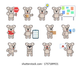 Set of koala bear characters in various situations. Cute koala holding stop sign, document, parcel box, reading book and showing other actions. Vector illustration bundle