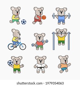 Set of koala bear characters in various sports. Koala running, riding bike, playing football, basketball and doing other physical exercises. Vector illustration set