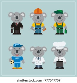 Set of koala bear in different costumes: builder, sportsman, worker, doctor, manager, cook in cartoon style.