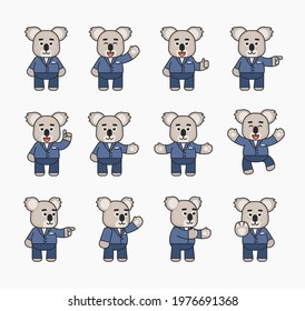 Set of koala bear in suit showing various hand gestures. Cute koala pointing, greeting, showint stop hand and other gestures. Vector illustration bundle