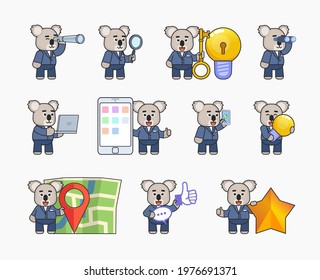 Set of koala bear in suit in various situations. Cute koala holding spyglass, magnifier, big key, idea, talking on phone and showing other actions. Vector illustration bundle