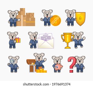 Set of koala bear in suit in various situations. Cute koala standing near big coin, shield, golden cup, holding gift box and showing other actions. Vector illustration bundle