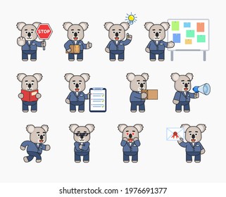 Set of koala bear in suit in various situations. Cute koala holding stop sign, document, parcel box, reading book and showing other actions. Vector illustration bundle