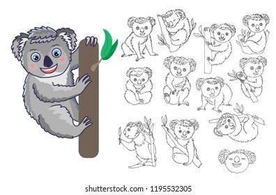 Set of Koala character hand drawn line illustrations. Icon of animal in some poses, cartoon style