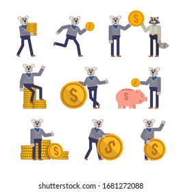 Set of koala characters posing with big coin. Cheerful koala holding big golden coin, running, saving money and showing other actions. Flat design vector illustration