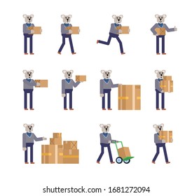 Set of koala characters posing with parcel box. Cheerful koala walking, running with box and showing other actions. Flat design vector illustration