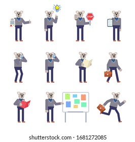 Set of koala characters showing various actions. Cheerful koala holding stop sign, clipboard, document, talking on phone, running and showing other actions. Flat design vector illustration