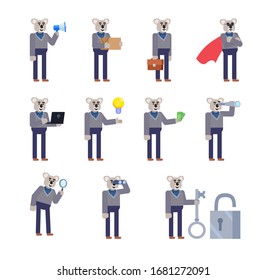 Set of koala characters showing various actions. Cheerful koala holding loudspeaker, parcel box, laptop, magnifier and showing other actions. Flat design vector illustration