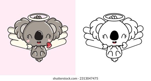 Establezca la página de color de Koala y la ilustración de color. Animales Kawaii. Ilustración vectorial de un animal kawaii para páginas coloreadas, impresiones para ropa, pegatinas, ducha para bebés.
