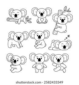 Set of koala doodle collection, flamingo outline coloring page book animals for kindergarten, Vector line art set of animals wildlife, Hand drawn, Minimal flamingo line art doodle in different pose