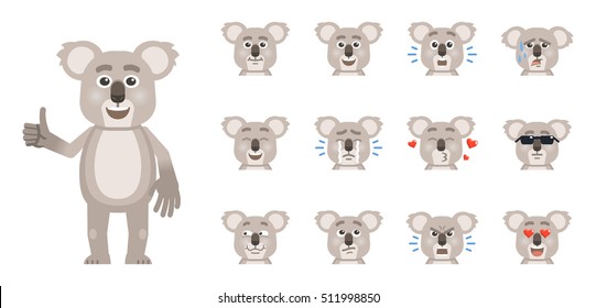 Set of koala emoticons. Koala avatars showing different facial expressions. Happy, sad, cry, surprised, laugh, tired, in love and other emotions. Flat style vector illustration