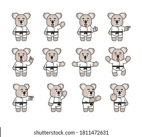 Set of koala karate characters showing various hand gestures. Cute karate koala pointing, greeting, showing thumb up, stop sign and other gestures. Vector illustration bundle