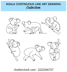 Set of koala line design. Wildlife decorative elements drawn with one continuous line. Vector illustration of minimalist style on white background.