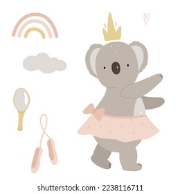 Set koala in a pink dress, rainbow, cloud, mirror, pointe shoes. Vector illustration on white background for sticker, print, poster, postcard