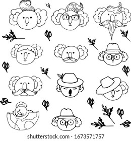 Set Of Koala Vector Illustration. Doodles, Hand Drawing. Koala In A Hat, Glasses, With A Beard.