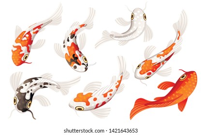 Set of Koi carp japanese symbol of luck fortune prosperity red and black dotted koi carp cartoon flat vector illustration isolated on white background