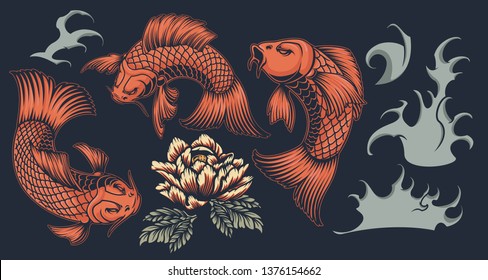 Set with koi carp on a Japanese theme on a dark background. All items are in separate groups.