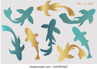  Set of koi carps in line art style. Fish silhouette.