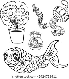 Set of koi cartoon for printing on sticker.vector illustration for coloring book on white isolated background.Cute clipart.Character for elements on white background.Happy Chinese new year.
