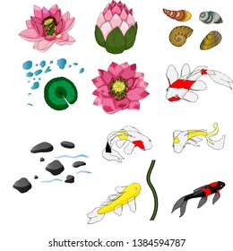 A set of koi fish, lilies, pebbles and seashells.