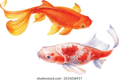 Conjunto de peces koi sobre fondo blanco, carpa de acuarela, dibujado a mano, ilustración para tarjetas de felicitación, invitaciones. Pintura de acuarela