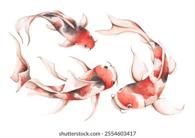 Conjunto de peces Koi, ilustración de acuarela - arte para el año Nuevo chino.