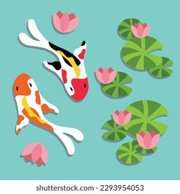 set of koi and water lily vector illustration