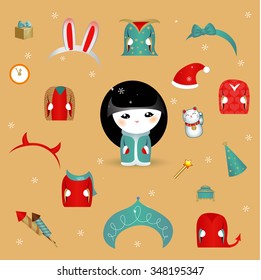 Set of Kokeshi japanese girl and christmas costumes - dresses, hats and gifts. Funny Christmas retro illustration