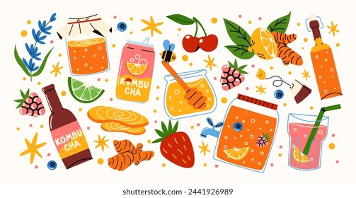 Set of kombucha, fermented homemade tea in cartoon style. Stickers with honey, healthy drink, ginger, fruit juice. Bottle, can of craft lemonade, tea