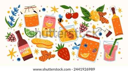 Set of kombucha, fermented homemade tea in cartoon style. Stickers with honey, healthy drink, ginger, fruit juice. Bottle, can of craft lemonade, tea