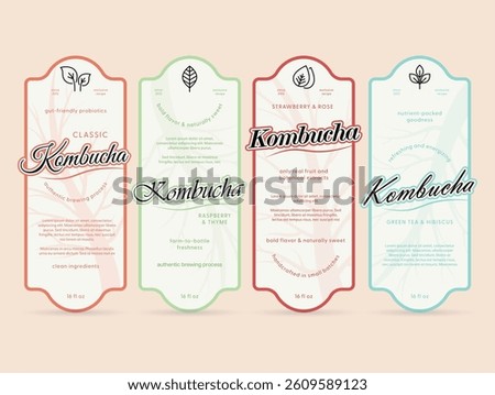 A set of kombucha labels with unique flavors and descriptions for each variety.