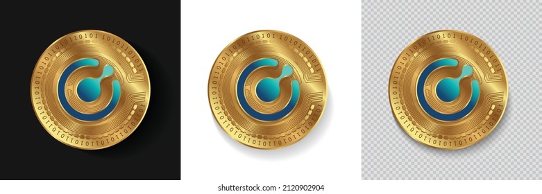 Set of Komodo KMD crypto currency logo symbol vector isolated on white, dark and transparent background. Can be used as golden coin sticker, icon, label, badge, print design and emblem